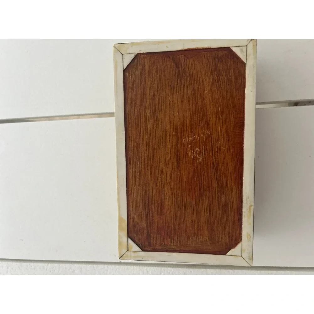 Vintage Marquetry Inlay Trinket Box Mother of Pearl Geometric Wood Jewelry Box